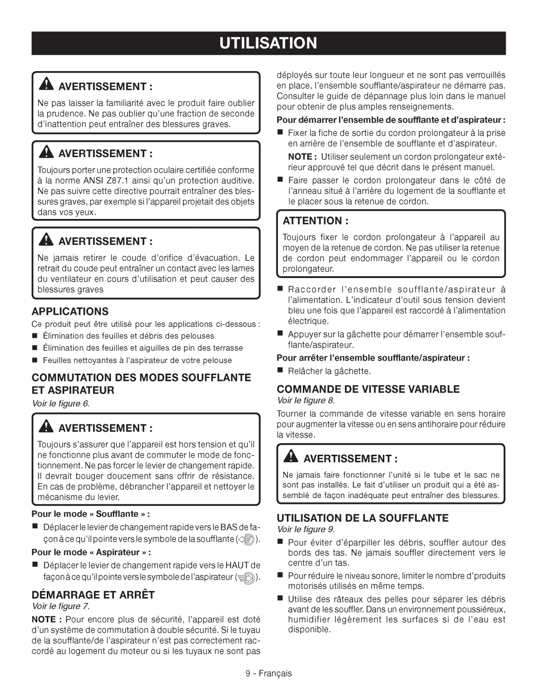 Ryobi RY42110 Utilisation, Avertissement , Commutation DES Modes Soufflante ET Aspirateur, Démarrage ET Arrêt 